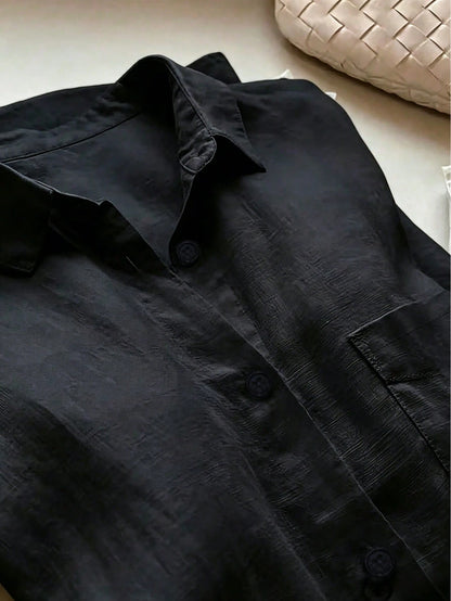 Women's Casual Solid Color Front Button Curved Hem Shirt Black Spring