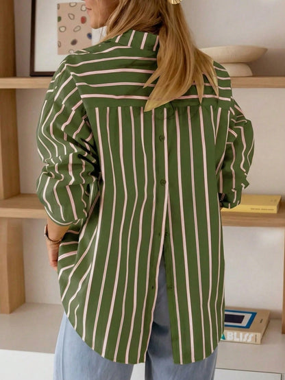 Women's Casual Striped Pocket Front Button Back Button Long Sleeve Shirt Pink Spring