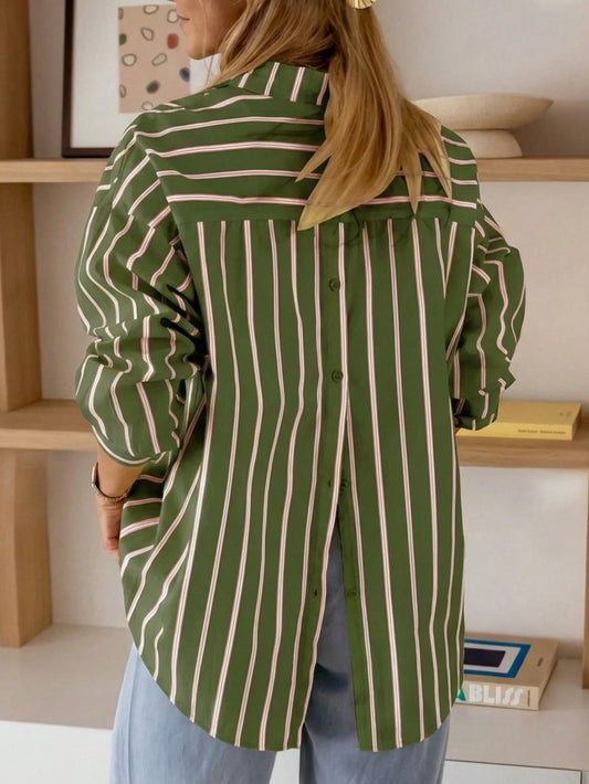 Women's Casual Striped Pocket Front Button Back Button Long Sleeve Shirt Pink Spring