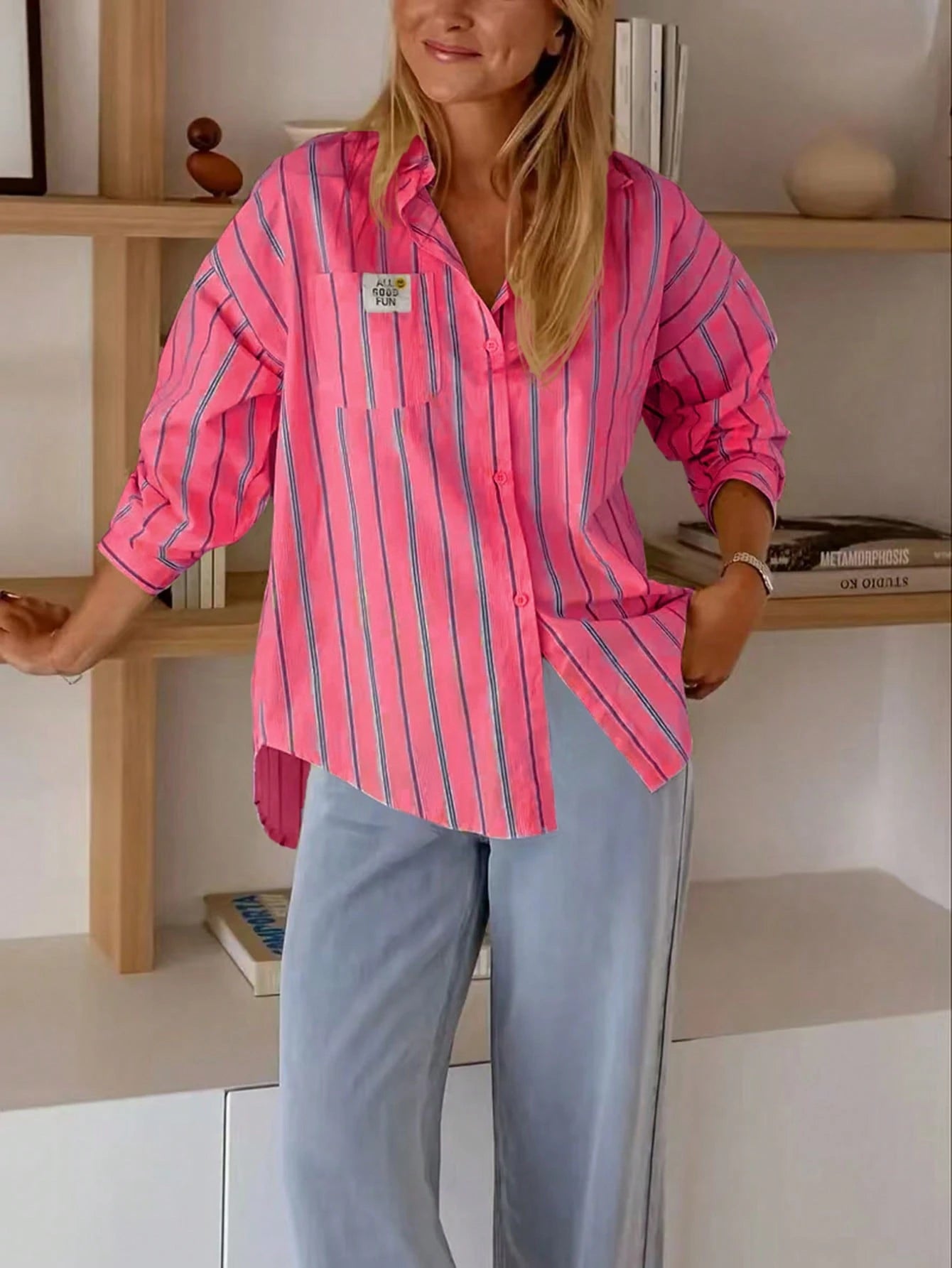 Women's Casual Striped Pocket Front Button Back Button Long Sleeve Shirt Pink Spring