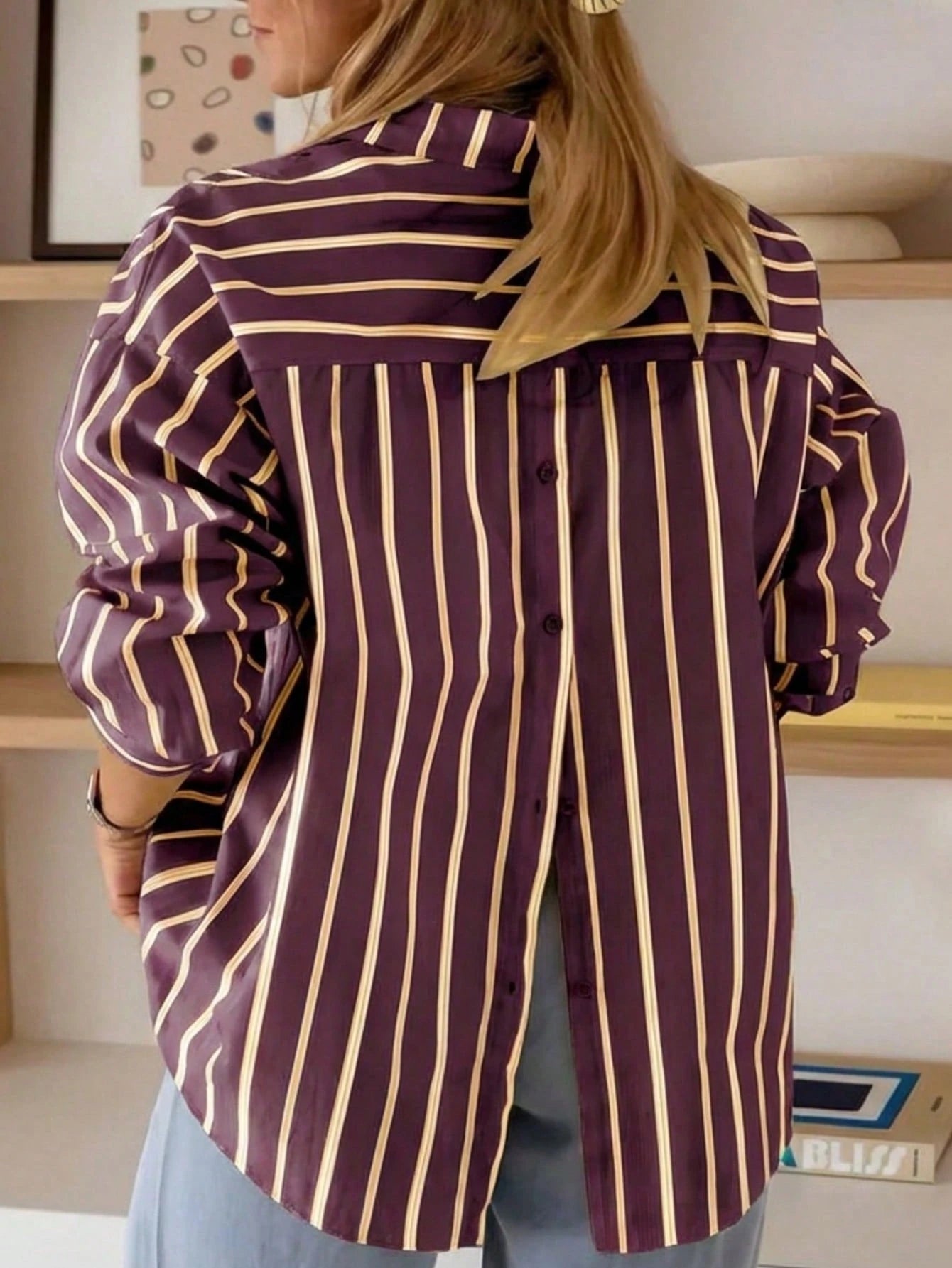 Women's Casual Striped Pocket Front Button Back Button Long Sleeve Shirt Pink Spring