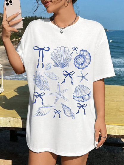Women's Casual Summer Beach Pattern T-Shirt- Ocean Shell And Starfish Print, White And Blue Loose Fit, Breathable And Machine Washable Fabric