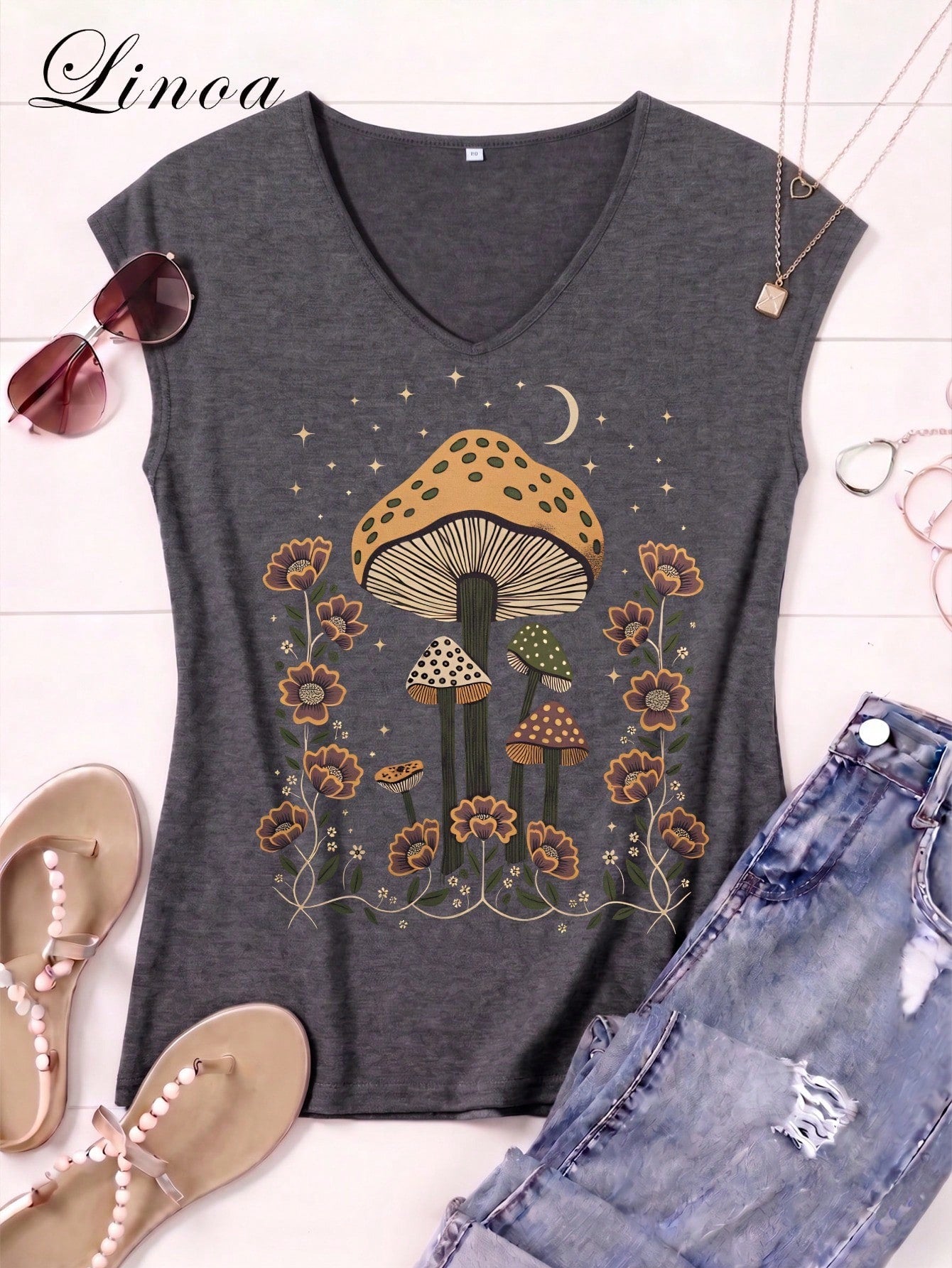 Women's Casual Summer V-Neck Vest| Mushroom Floral Pattern Print Design| Perfect For Daily Wear, Outdoor Leisure, Loungewear, Back-To-School Season, Mother's Day & More Summer Occasions| Daily Gif