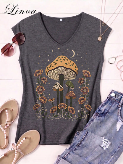 Women's Casual Summer V-Neck Vest| Mushroom Floral Pattern Print Design| Perfect For Daily Wear, Outdoor Leisure, Loungewear, Back-To-School Season, Mother's Day & More Summer Occasions| Daily Gif