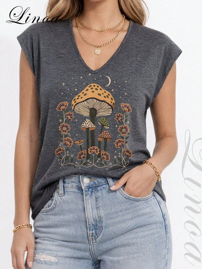 Women's Casual Summer V-Neck Vest| Mushroom Floral Pattern Print Design| Perfect For Daily Wear, Outdoor Leisure, Loungewear, Back-To-School Season, Mother's Day & More Summer Occasions| Daily Gif
