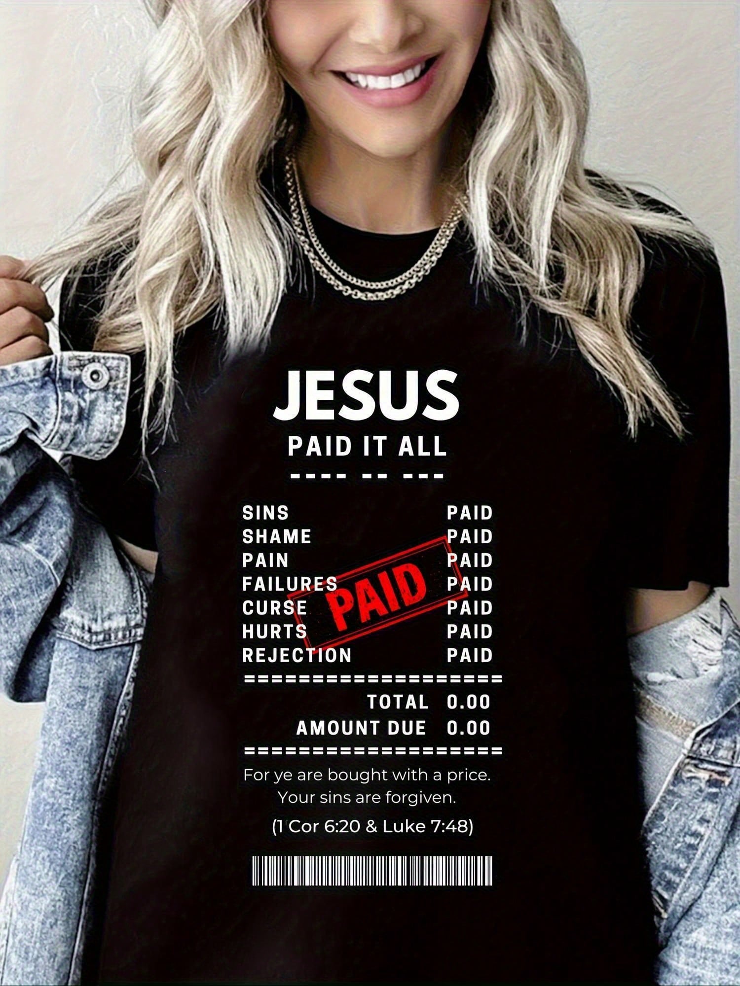 Women's Christian "Jesus Paid It All" Bible Verse T-Shirt- Romans 6:23 & 1 Corinthians 10:31 Design, Glossy Finish Lightweight Fabric, Black With White & Red Print, Casual Short Sleeve Crew Neck Reli