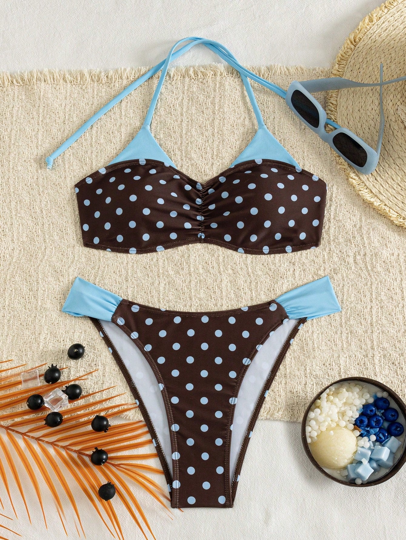 Women's Color-Block Dot Print Strappy Open Shoulder Bikini 2 Pieces Set Vacation Beach