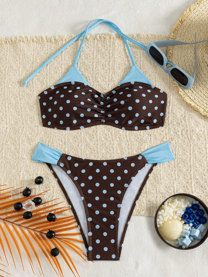 Women's Color-Block Dot Print Strappy Open Shoulder Bikini 2 Pieces Set Vacation Beach