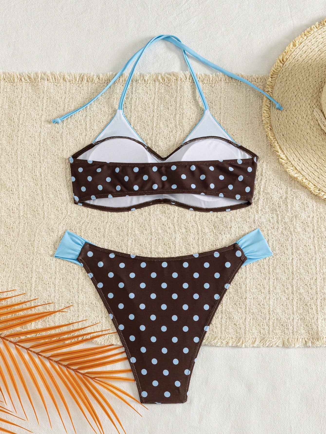 Women's Color-Block Dot Print Strappy Open Shoulder Bikini 2 Pieces Set Vacation Beach
