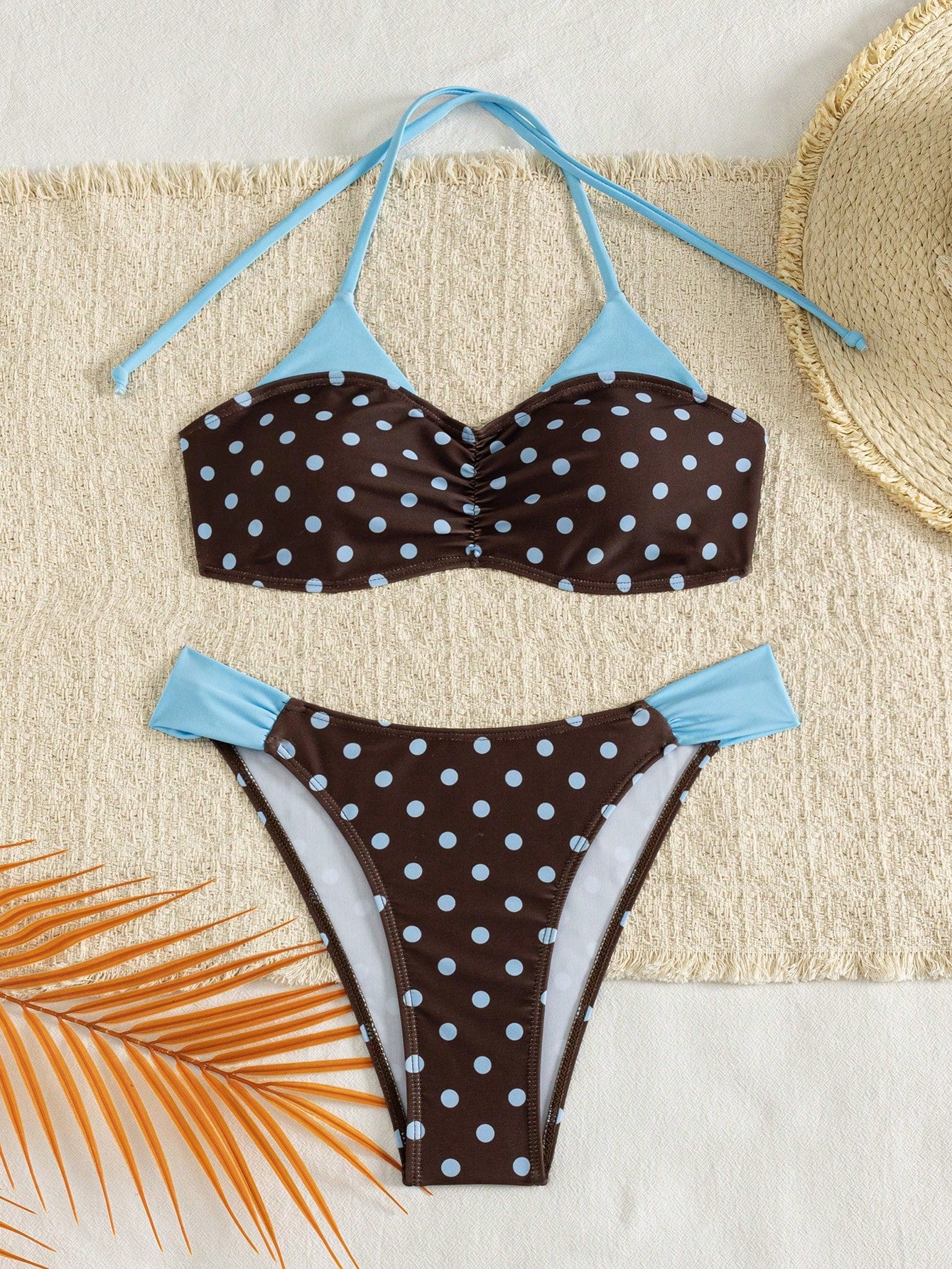 Women's Color-Block Dot Print Strappy Open Shoulder Bikini 2 Pieces Set Vacation Beach