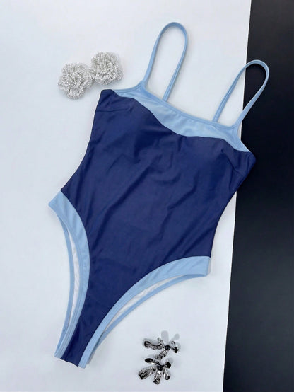 Women's Color Block Square Neck Wide Strap One-Piece Swimsuit, Slim Fit Accentuates Body Curves, Fashionable Beach Style Vacation Summer