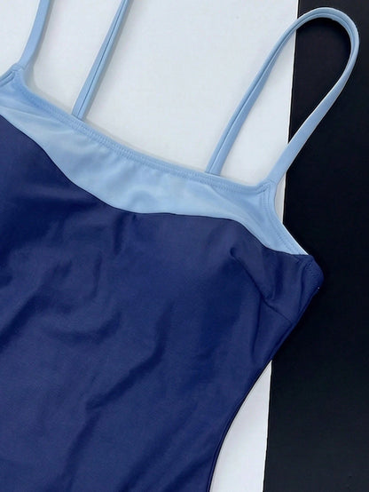 Women's Color Block Square Neck Wide Strap One-Piece Swimsuit, Slim Fit Accentuates Body Curves, Fashionable Beach Style Vacation Summer