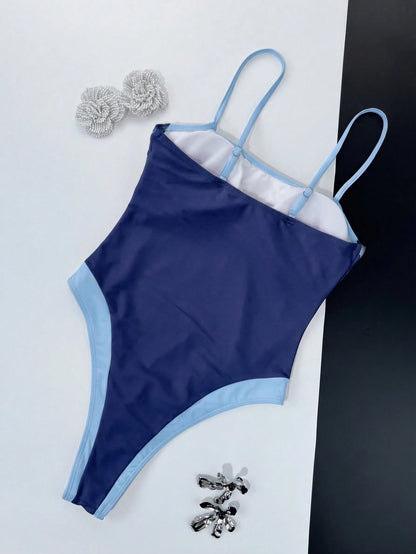 Women's Color Block Square Neck Wide Strap One-Piece Swimsuit, Slim Fit Accentuates Body Curves, Fashionable Beach Style Vacation Summer