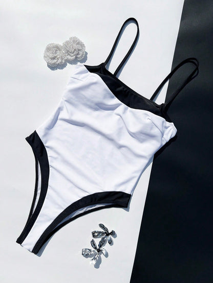 Women's Color Block Square Neck Wide Strap One-Piece Swimsuit, Slim Fit Accentuates Body Curves, Fashionable Beach Style Vacation Summer