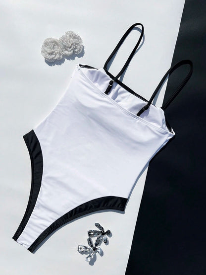 Women's Color Block Square Neck Wide Strap One-Piece Swimsuit, Slim Fit Accentuates Body Curves, Fashionable Beach Style Vacation Summer
