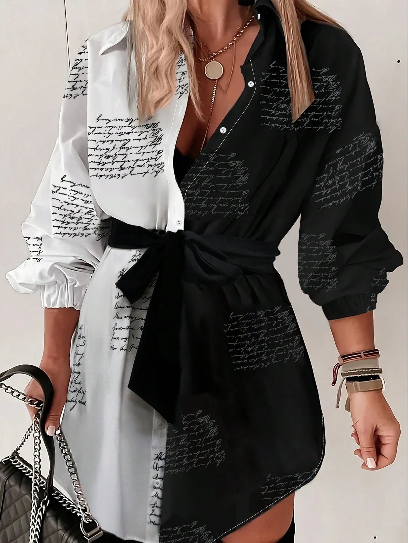 Women's Colorblock Random Print Dress, Music Festival Style, Loose Waist, Lightweight Woven Printed Shirt Dress Vacation Elegant