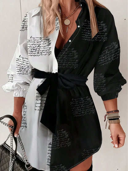 Women's Colorblock Random Print Dress, Music Festival Style, Loose Waist, Lightweight Woven Printed Shirt Dress Vacation Elegant