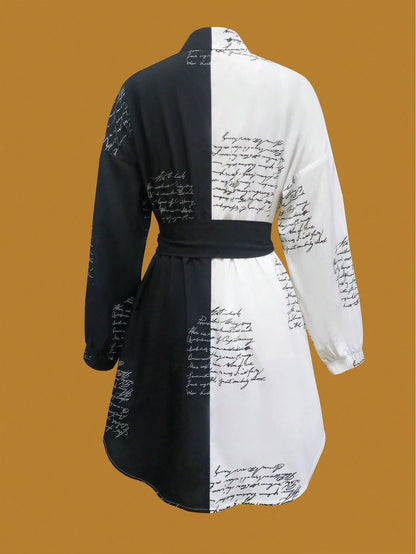 Women's Colorblock Random Print Dress, Music Festival Style, Loose Waist, Lightweight Woven Printed Shirt Dress Vacation Elegant