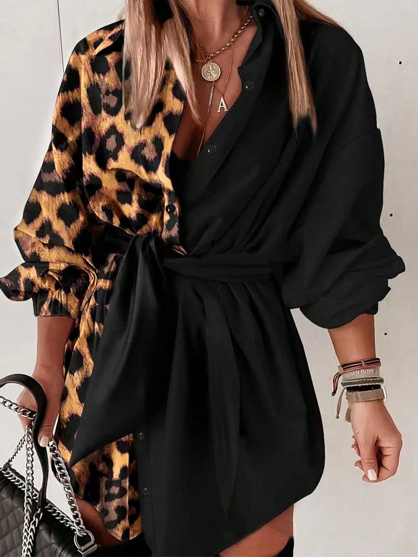 Women's Colorblock Random Print Dress, Music Festival Style, Loose Waist, Lightweight Woven Printed Shirt Dress Vacation Elegant