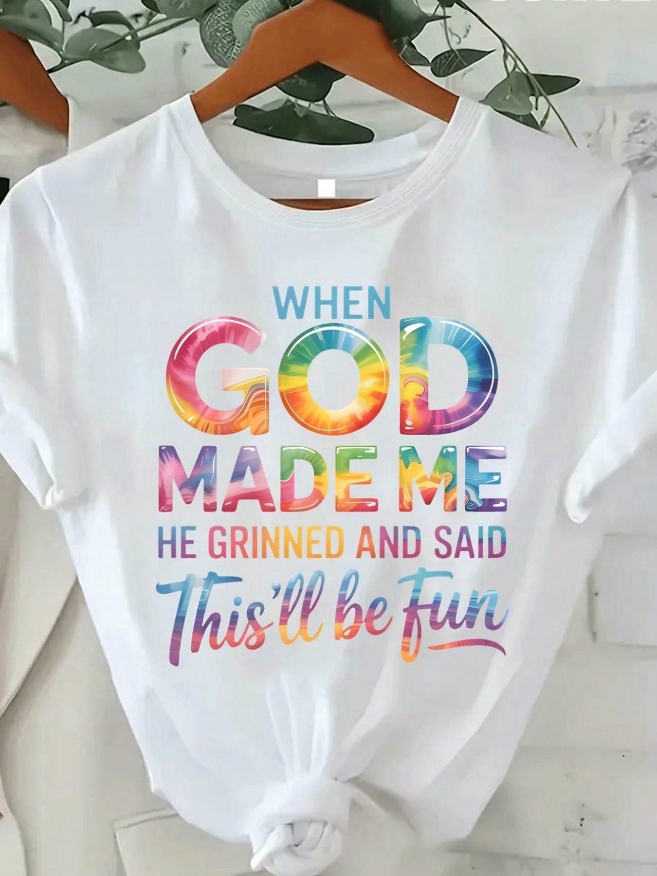 Women's Colorful "When God Made Me" Graphic Tee Casual Short Sleeve T-Shirt For Women Faith Print Top For Daily Wear