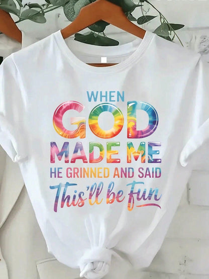 Women's Colorful "When God Made Me" Graphic Tee Casual Short Sleeve T-Shirt For Women Faith Print Top For Daily Wear