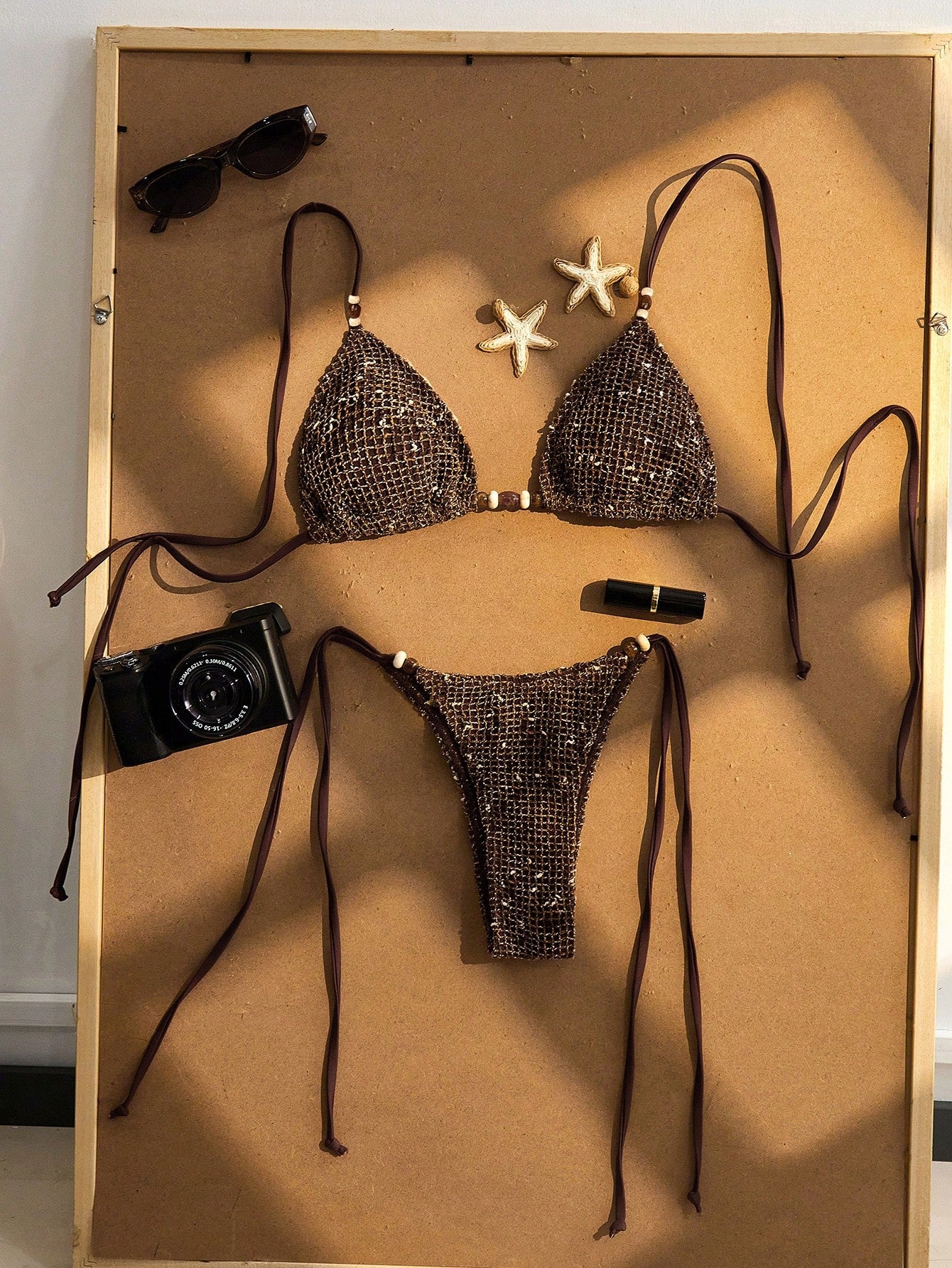 Women's Crochet Beaded Halter Backless Sexy Bikini Set, Bohemian Style Two Pieces Swimsuit, Suitable For Beach, Vacation And Pool Party Summer, Resort Wear