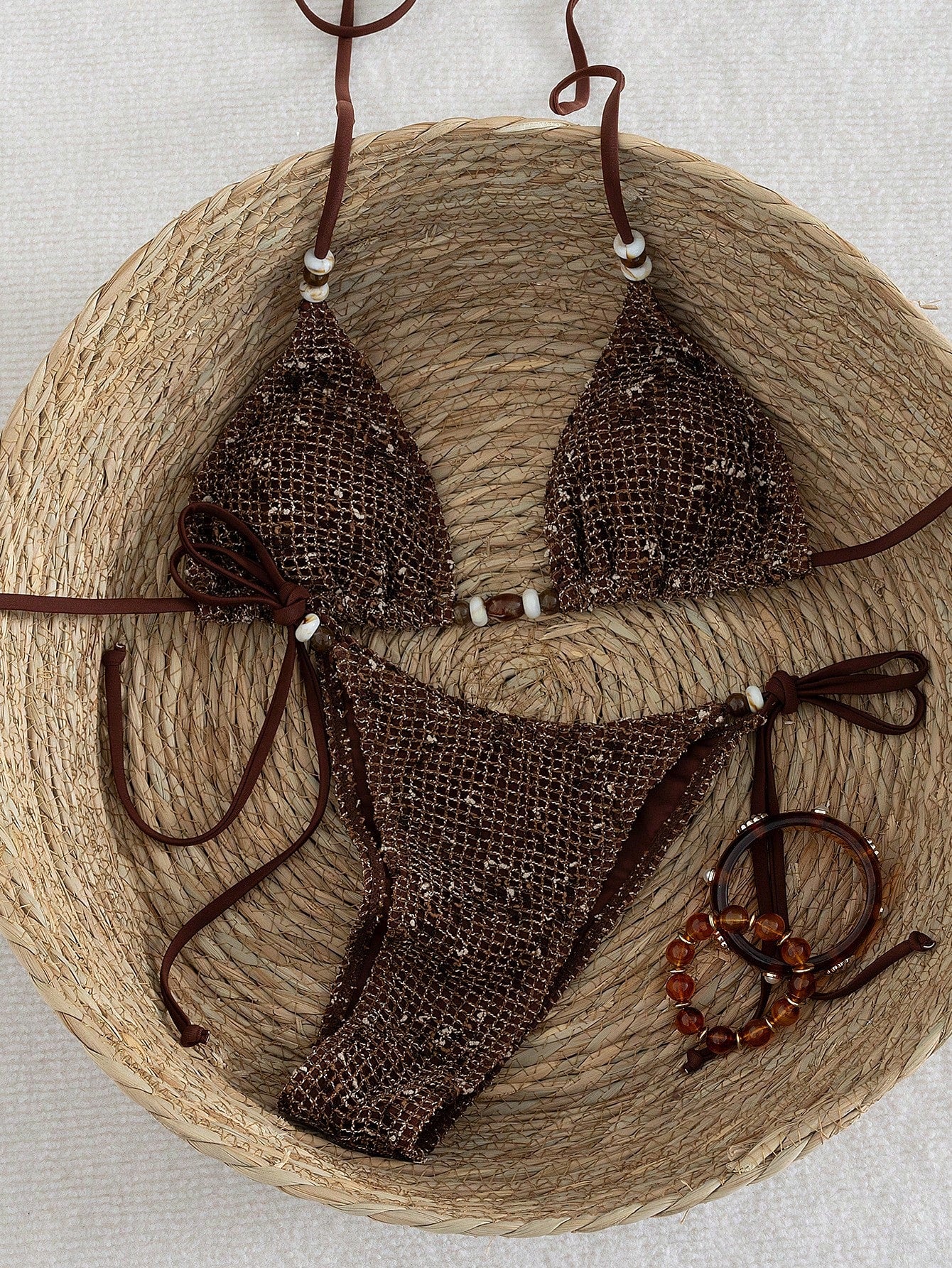 Women's Crochet Beaded Halter Backless Sexy Bikini Set, Bohemian Style Two Pieces Swimsuit, Suitable For Beach, Vacation And Pool Party Summer, Resort Wear