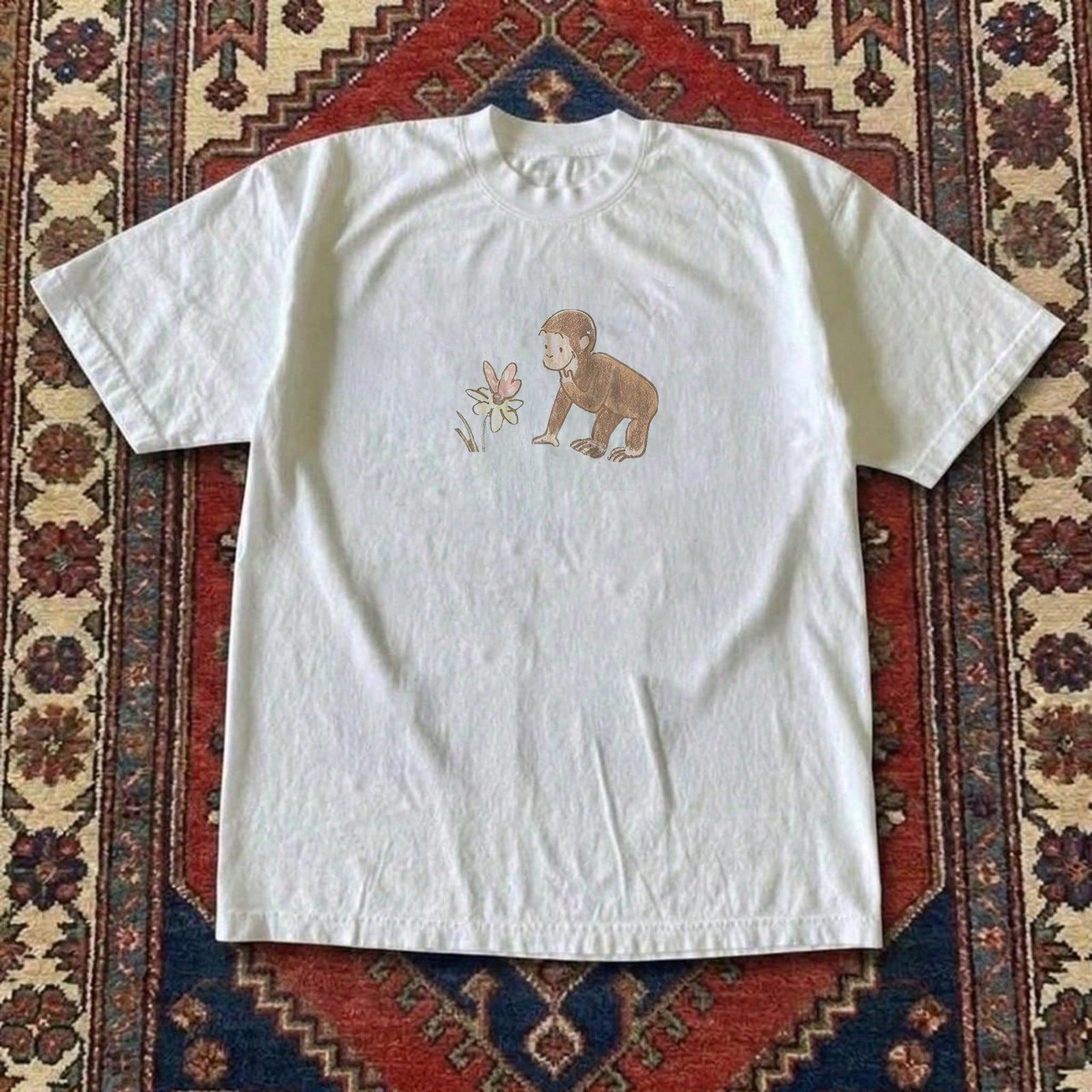 Women's Curious George Cute Casual Print T-Shirt, Childhood Fun Style, 100% Cotton, Cute Age-Defying Cartoon Top, Holiday Gift, Birthday Gift, Y2K