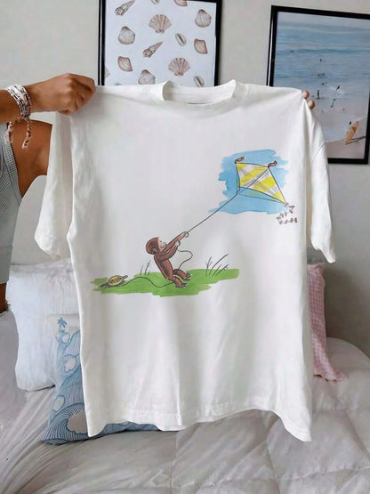 Women's Curious George Kite-Flying Pattern T-Shirt, 100% Cotton T-Shirt, Cute Age-Reducing Cartoon Print Top, Daily Wear, Holiday Gift