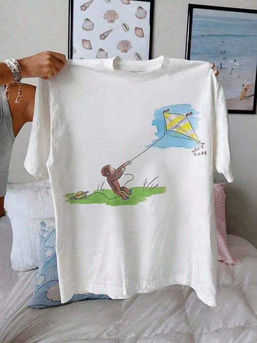 Women's Curious George Kite-Flying Pattern T-Shirt, 100% Cotton T-Shirt, Cute Age-Reducing Cartoon Print Top, Daily Wear, Holiday Gift