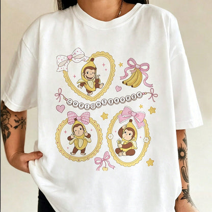 Women's Curious George Print T-Shirt, Cute Cartoon Graphic Top, Daily Wear, 100% Cotton T-Shirt, Holiday Gift, Birthday Gift