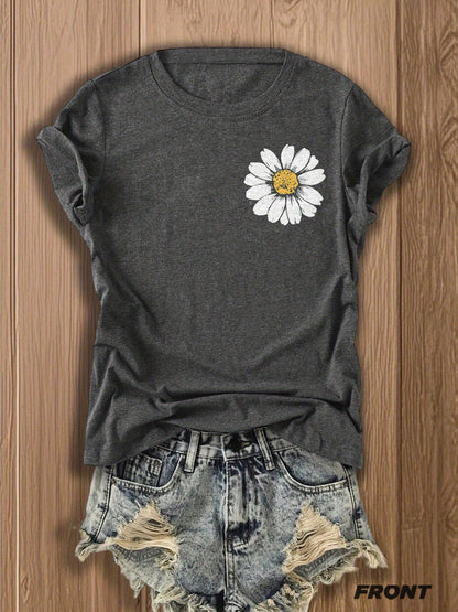Women's Double-Sided Daisy Print T-Shirt, Inspirational Sunflower Graphic Tee, Soft Cotton Blend Casual Top For Spring Summer Daily Party & Holiday Wear