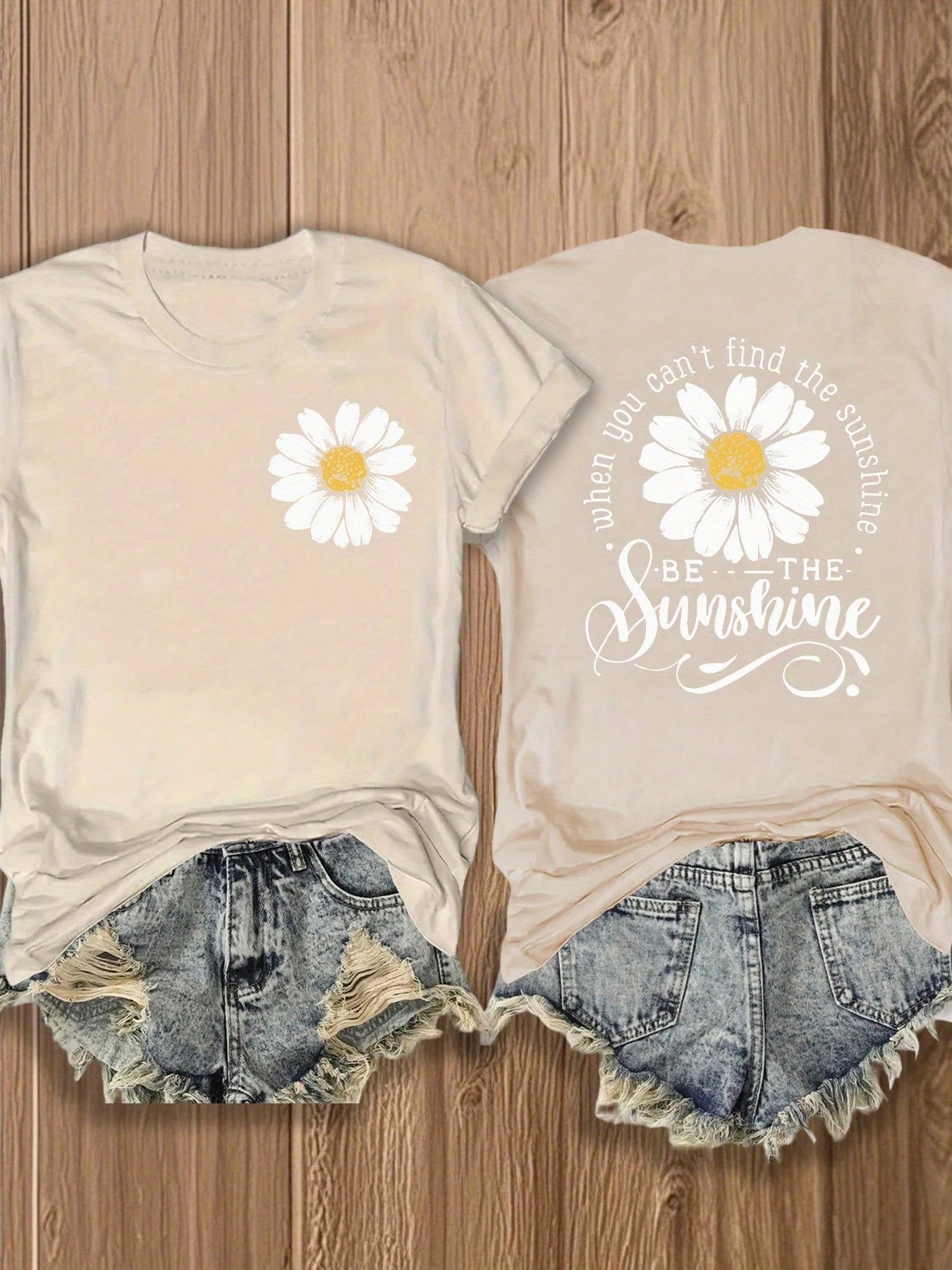 Women's Double-Sided Daisy Print T-Shirt, Inspirational Sunflower Graphic Tee, Soft Cotton Blend Casual Top For Spring Summer Daily Party & Holiday Wear