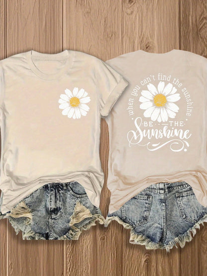 Women's Double-Sided Daisy Print T-Shirt, Inspirational Sunflower Graphic Tee, Soft Cotton Blend Casual Top For Spring Summer Daily Party & Holiday Wear