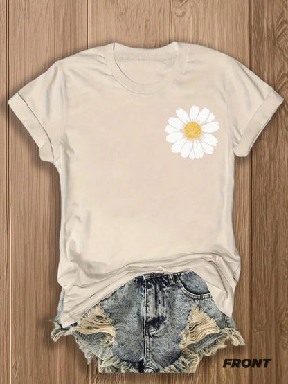 Women's Double-Sided Daisy Print T-Shirt, Inspirational Sunflower Graphic Tee, Soft Cotton Blend Casual Top For Spring Summer Daily Party & Holiday Wear