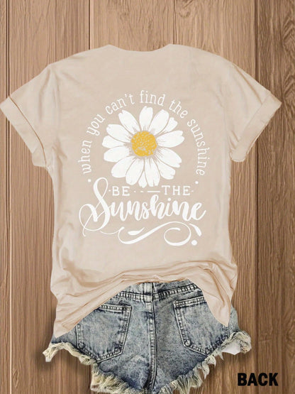 Women's Double-Sided Daisy Print T-Shirt, Inspirational Sunflower Graphic Tee, Soft Cotton Blend Casual Top For Spring Summer Daily Party & Holiday Wear