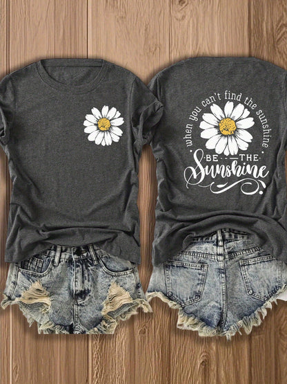 Women's Double-Sided Daisy Print T-Shirt, Inspirational Sunflower Graphic Tee, Soft Cotton Blend Casual Top For Spring Summer Daily Party & Holiday Wear