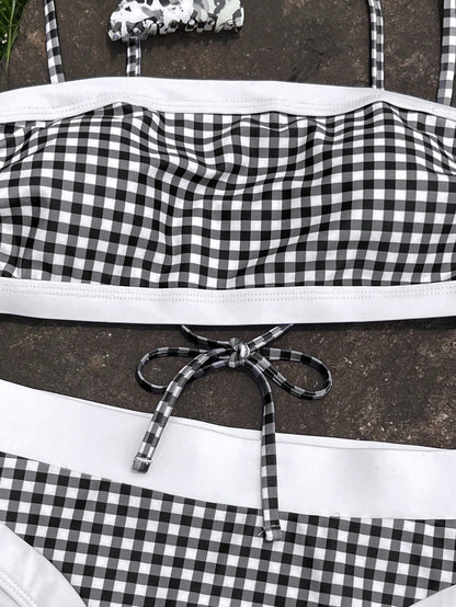 Women's Elegant Black Plaid White Trim Swimsuit Set, Suitable For Summer Beach Vacation, Seaside Activities And Holiday Outfits, Fashion Beachwear