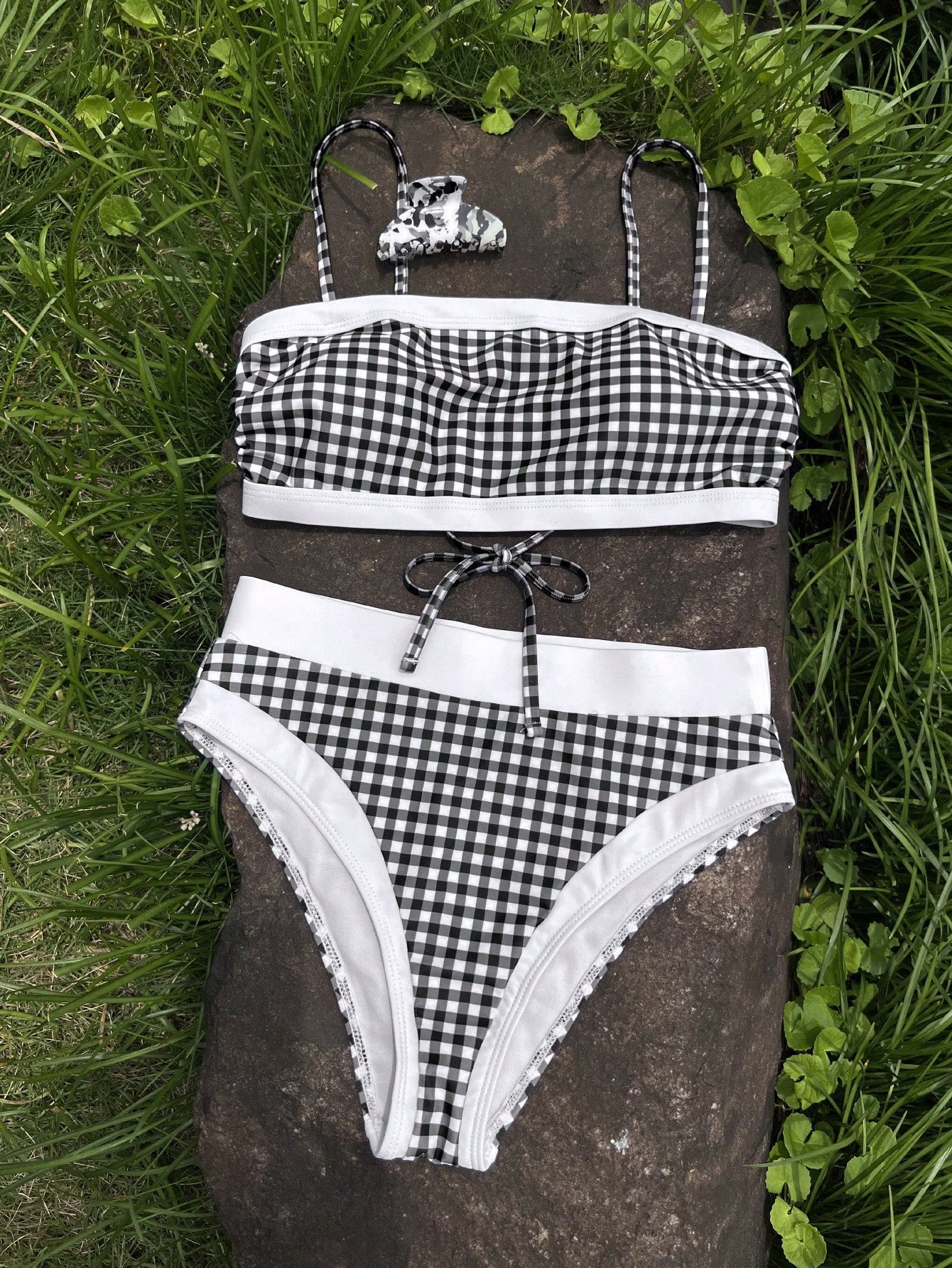 Women's Elegant Black Plaid White Trim Swimsuit Set, Suitable For Summer Beach Vacation, Seaside Activities And Holiday Outfits, Fashion Beachwear
