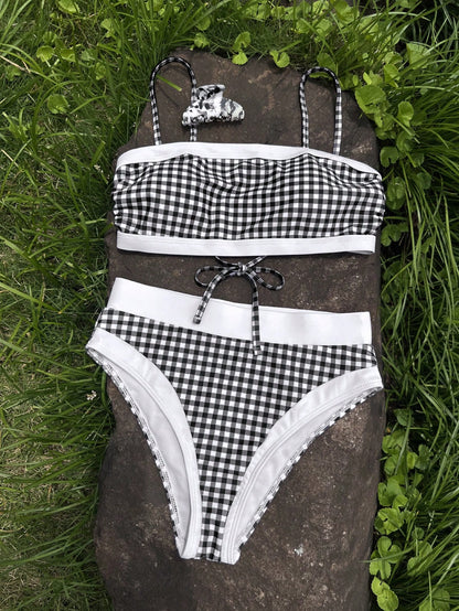 Women's Elegant Black Plaid White Trim Swimsuit Set, Suitable For Summer Beach Vacation, Seaside Activities And Holiday Outfits, Fashion Beachwear