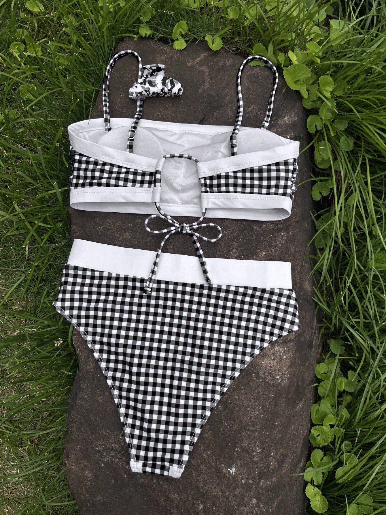 Women's Elegant Black Plaid White Trim Swimsuit Set, Suitable For Summer Beach Vacation, Seaside Activities And Holiday Outfits, Fashion Beachwear