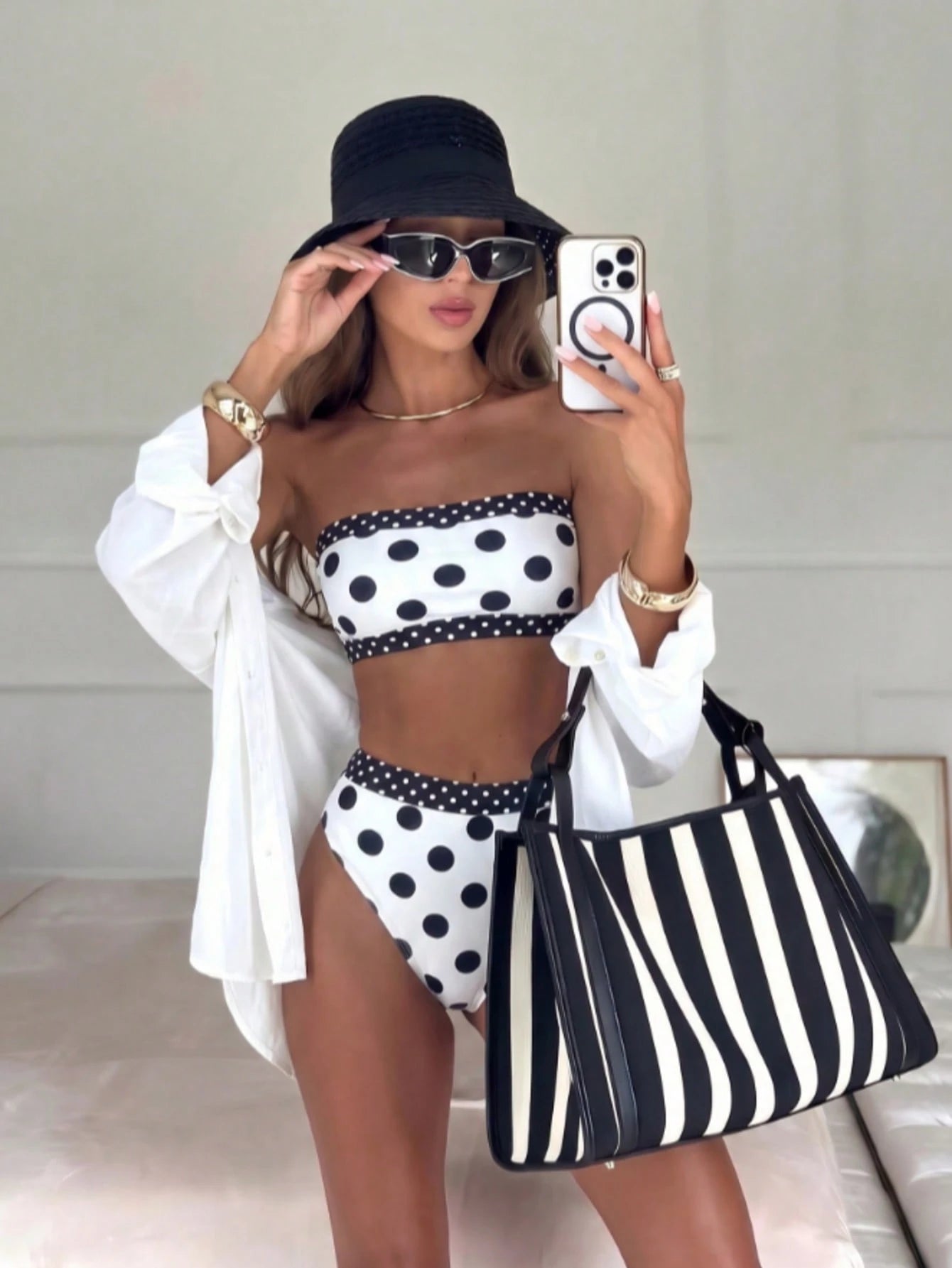 Women's Elegant Black Plaid White Trim Swimsuit Set, Suitable For Summer Beach Vacation, Seaside Activities And Holiday Outfits, Fashion Beachwear