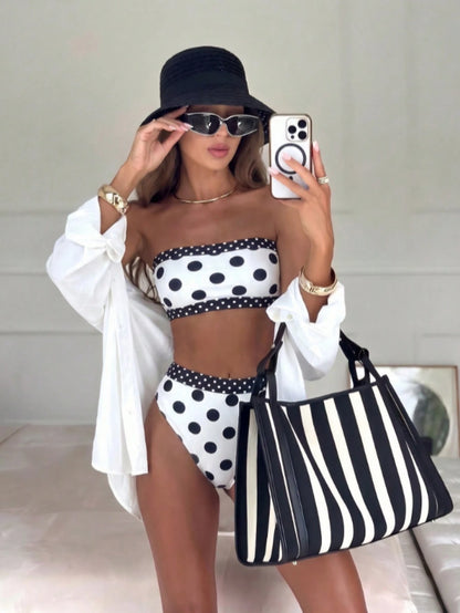 Women's Elegant Black Plaid White Trim Swimsuit Set, Suitable For Summer Beach Vacation, Seaside Activities And Holiday Outfits, Fashion Beachwear