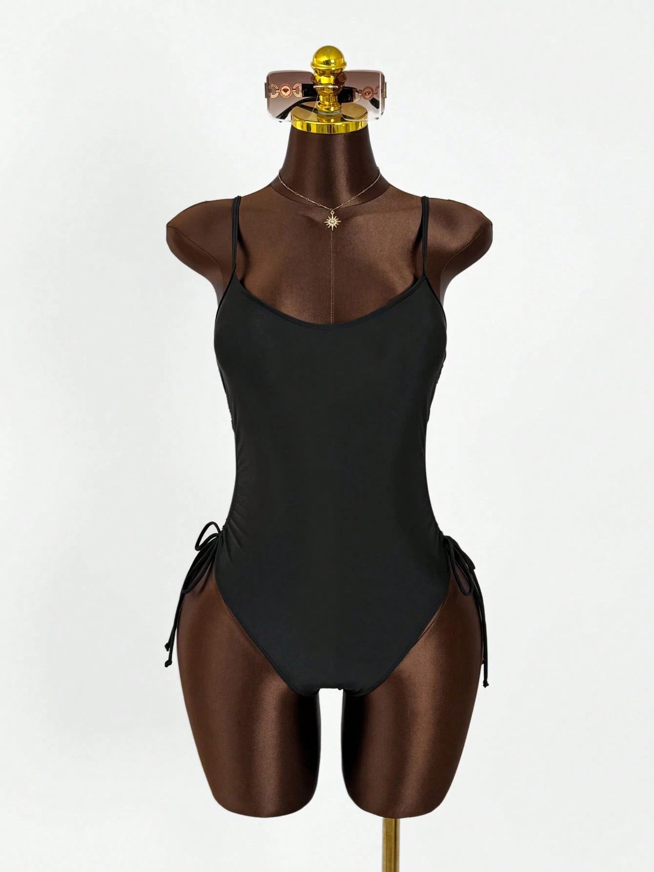Women's Elegant Black Sleeveless Backless High Slit Short Bodysuit Swimsuit, Suitable For Beach And Pool, High Elasticity Fabric Vacation Summer
