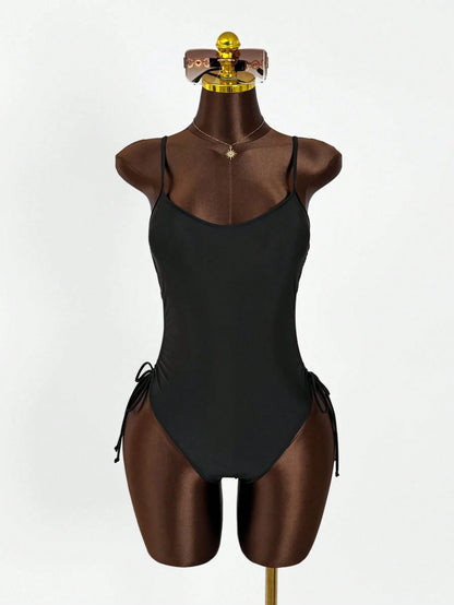 Women's Elegant Black Sleeveless Backless High Slit Short Bodysuit Swimsuit, Suitable For Beach And Pool, High Elasticity Fabric Vacation Summer