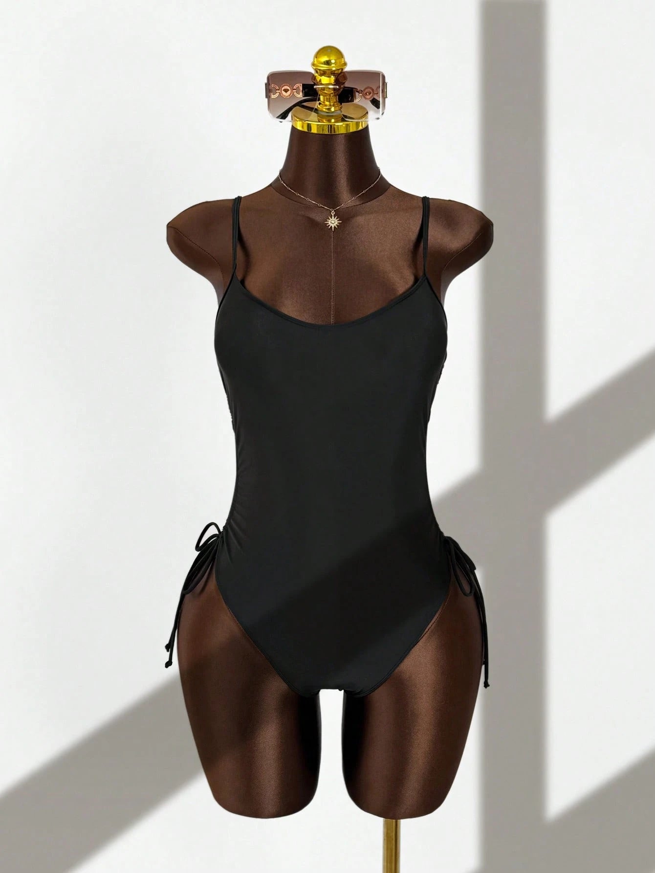 Women's Elegant Black Sleeveless Backless High Slit Short Bodysuit Swimsuit, Suitable For Beach And Pool, High Elasticity Fabric Vacation Summer