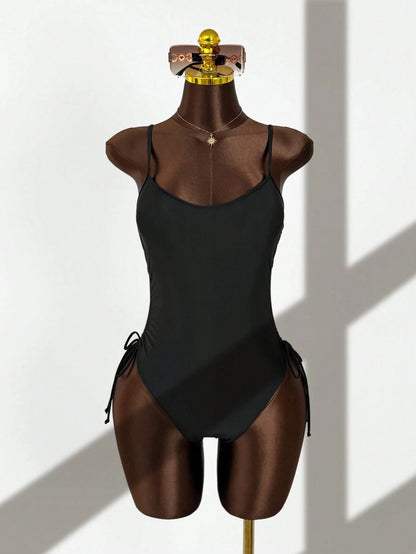 Women's Elegant Black Sleeveless Backless High Slit Short Bodysuit Swimsuit, Suitable For Beach And Pool, High Elasticity Fabric Vacation Summer