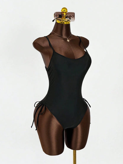 Women's Elegant Black Sleeveless Backless High Slit Short Bodysuit Swimsuit, Suitable For Beach And Pool, High Elasticity Fabric Vacation Summer