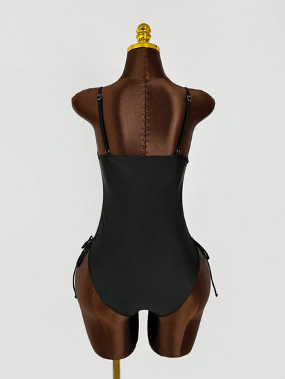 Women's Elegant Black Sleeveless Backless High Slit Short Bodysuit Swimsuit, Suitable For Beach And Pool, High Elasticity Fabric Vacation Summer