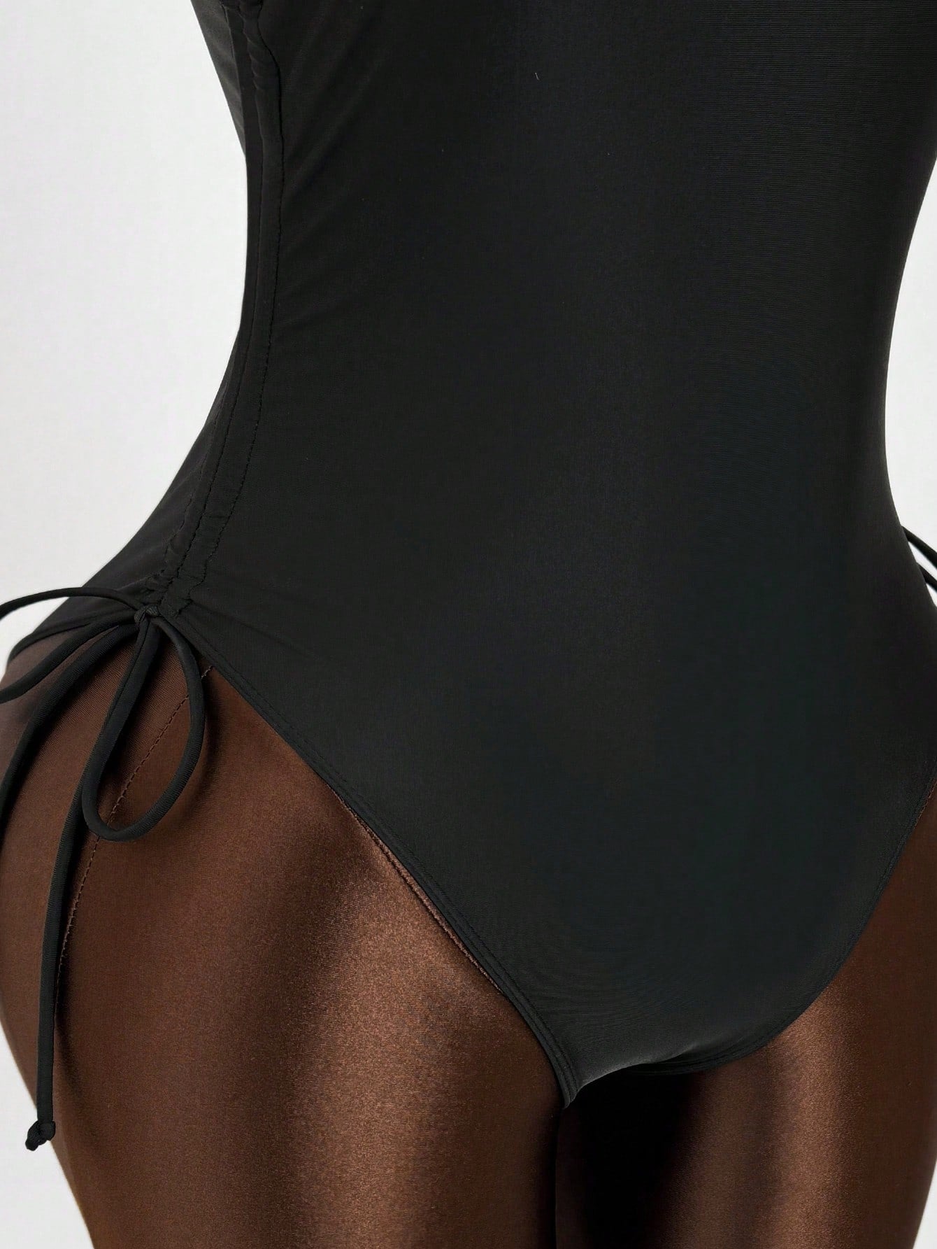 Women's Elegant Black Sleeveless Backless High Slit Short Bodysuit Swimsuit, Suitable For Beach And Pool, High Elasticity Fabric Vacation Summer
